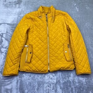 Beta House Yellow Quilted Jacket Women Long Sleeve Snap Button Collar Full Zip M